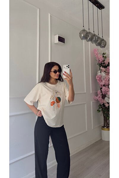 Daves Ecru Floral Patterned T-Shirt