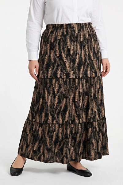hadiora Women's Black Light Brown Leaf Patterned Layered Combed Cotton Skirt