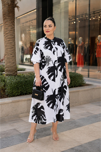 DARKWIN Plus Size Notched Collar Buttoned Leaf Patterned Midi Length Relaxed ...