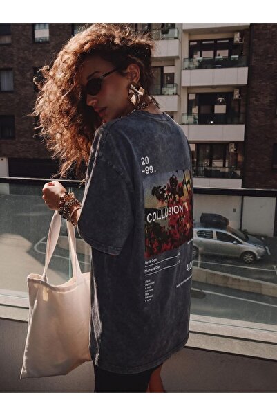 Noi Belis Oversize Pattern Printed Knitted T-Shirt with Washing Detail Ss26Ts...