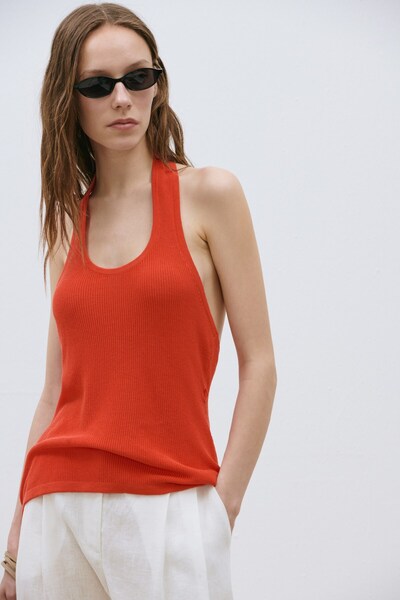 Suud Collection Turuncu Estel Halter Dökümlü Triko Bluz