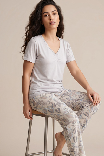 Siyah İnci Gray Leaf Patterned Viscose Knitted Pajama Set26119125