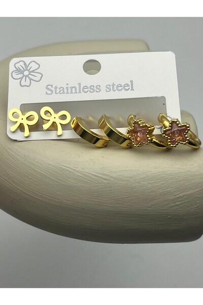 BİJU YILMAZ 26clk50 burgundy star detailed gold steel earring set