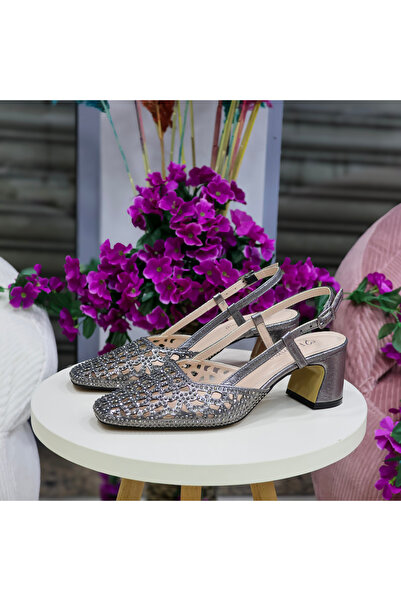 favorimo Women's Platinum Stone Mesh Detailed Low Thick Heeled Slingback Even...