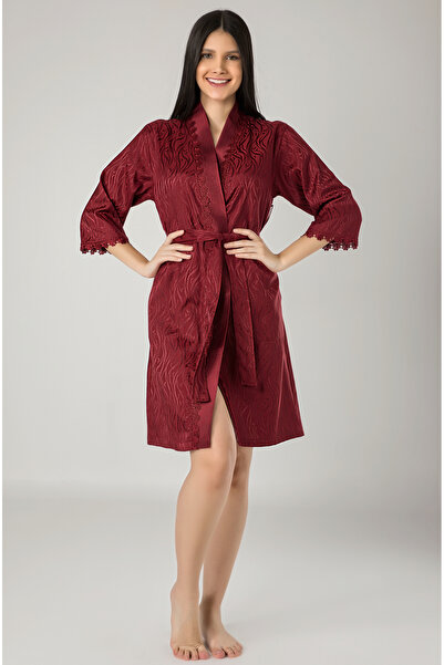 Nuşa Women's Short Kimono Lace Jacquard Satin Cotton Dressing Gown