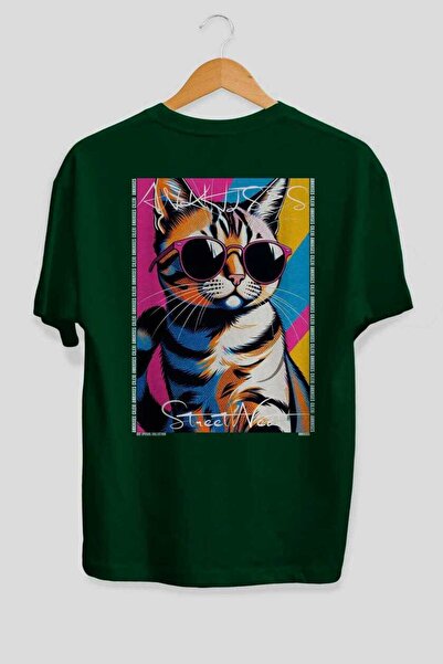 Ankhises For the Love of Cats 13 Cats Printed Green Oversize T-Shirt 100% Cot...