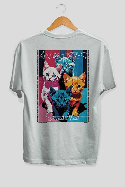 Ankhises For the Love of Cats 15 Cats Printed White Oversize T-Shirt 100% Cot...