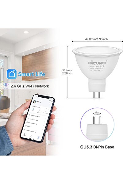 DiCUNO Bec LED inteligent GU5.3, Bec LED inteligent WiFi MR16 compatibil cu Alexa și Google Home, Bec LED color 12V GU5.3 5W, Reglabil 2700K-6500K RGBCW, 320LM, Nu necesită hub, 4 bucăți