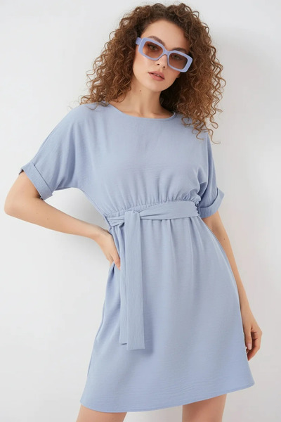 Şeker Portakalım Women's Round Neck Belted Short Sleeve Mini Length Blue Dress