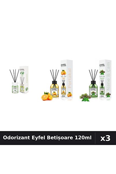 Eyfel Set 3 Odorizant Cameră Betișoare 120ml - Iasomie, Portocală, Pin Mentă