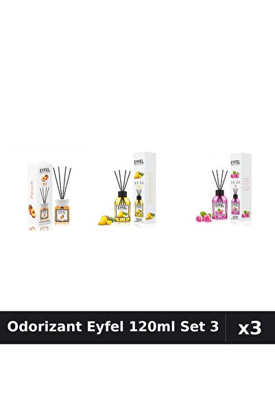Eyfel Set 3 Odorizant Camera Betișoare 120ml - Piersică, Ananas, Trandafir