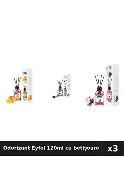 Eyfel Set 3 Odorizant Camera cu Bețișoare 120ml - Mango, Vanilie, Bouquet
