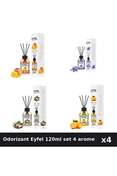 Eyfel Set 4 Odorizant Cameră Betișoare 120ml - Lavandă, Mango, Nucă Cocos, Po...