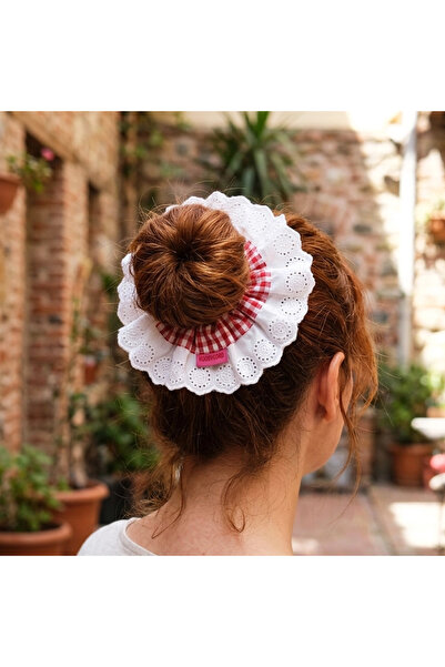 woodycord Ruffled and Scalloped Gingham Scrunchie Bun Hairpin