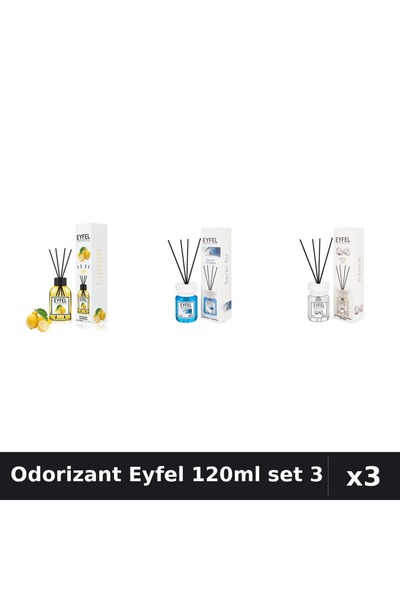 Eyfel Set 3 Odorizant Cameră Betisoare 120ml - Lămâie, Cool Water, Bumbac