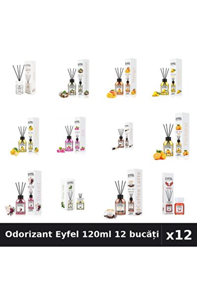 Eyfel Set 12 Odorizant Cameră Betișoare 120ml - 12 Arome Asortate, Parfum Intens