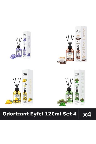 Eyfel Set 4 Odorizant Camera Betisoare 120ml - Lavanda, Cafea, Ananas, Pin Menta