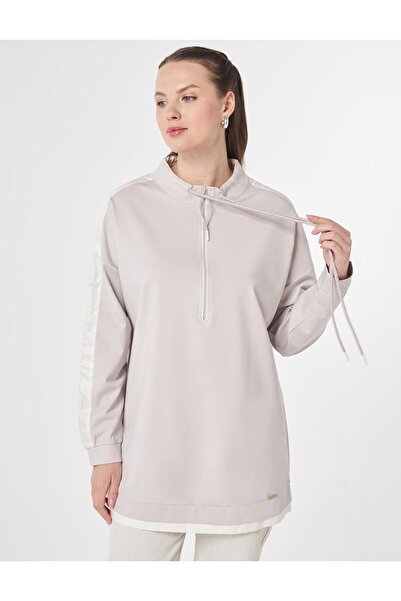 Kayra Dik Yaka Garnili Sweatshirt Açık Gri