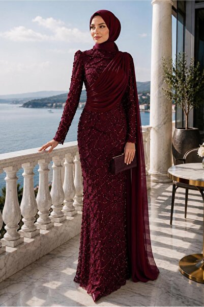 TRENDTESETTÜR KADIN BORDO PELERİN DETAYLI ABİYE ELBİSE T 1763