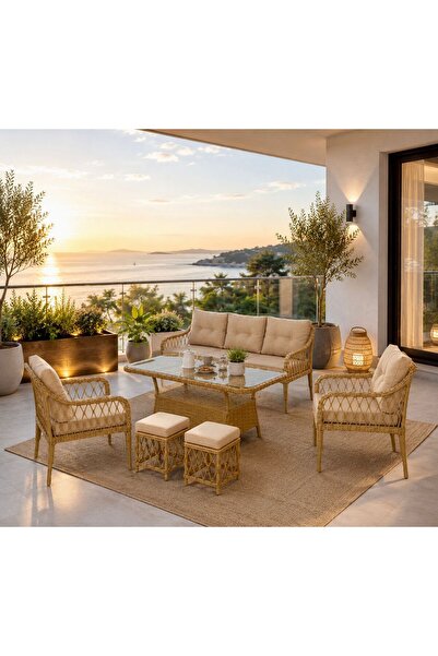 Evdesa Joy Rattan Puflu Bahçe Balkon Takımı 3+1+1 Antrasit