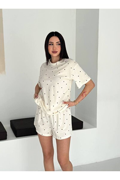 HYPNORA Mira Kırmızı Kalp Detaylı Krem %100 Pamuk Şortlu Kısa Kollu Pijama Ta...