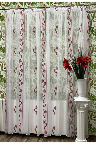Liz Line Mechanically embroidered curtain, white/light red color, from the "R...