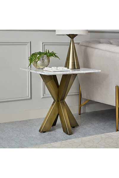 Home Box Portola Genuine Marble Top End Table - Antique Brass