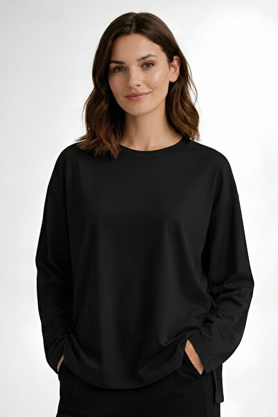 Avari Kadın %100 Pamuk Oversize Fit Bisiklet Yaka Uzun Kollu Siyah Penye T-shirt