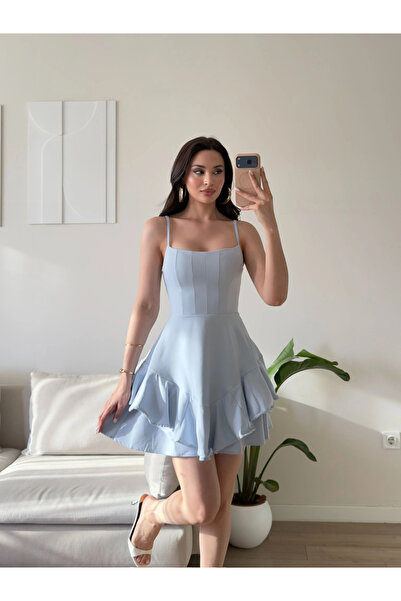 Zoom Butik Volanlı Twist Prenses Elbise - MAVİ