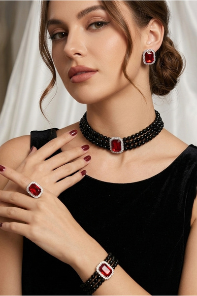 Happyline Baget Taşlı Siyah İncili Choker Set Takım, Siyah Cam İncili Kolye B...