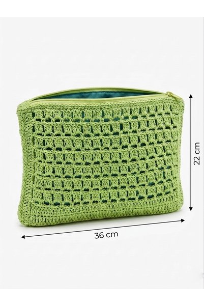 Enie Women's Pistachio Green Straw Clutch Handmade Zipper Bag-Lined