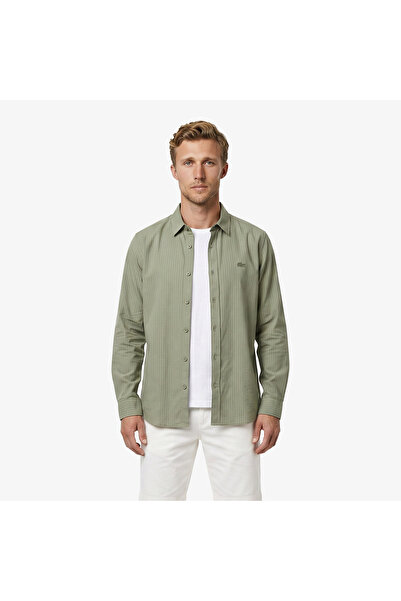 Lacoste Erkek Regular Fit Düğmeli Yaka Çizgili Haki Gömlek
