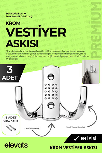 Elevats Premium Krom Çiftli Portmanto Askısı | Metal Vestiyer Askılığı | Duva...