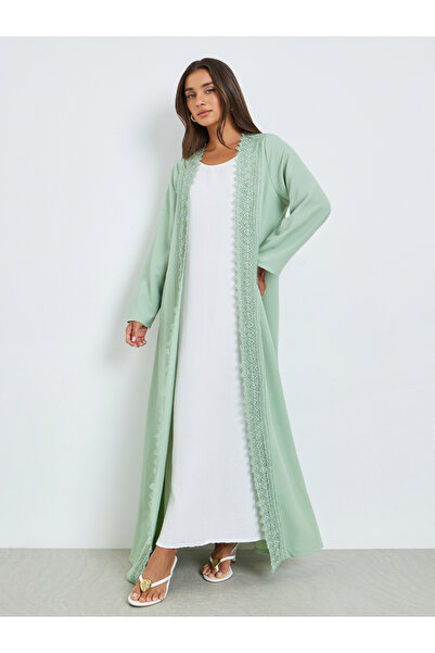 Amirah By Styli Green Front Open Abaya with Lace Trim
