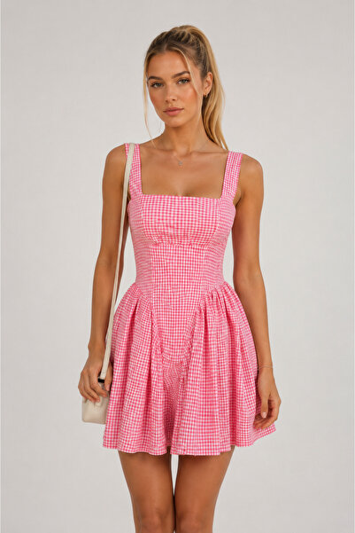 OEM Short dress, print, square neckline, zipper closure, bow at the back