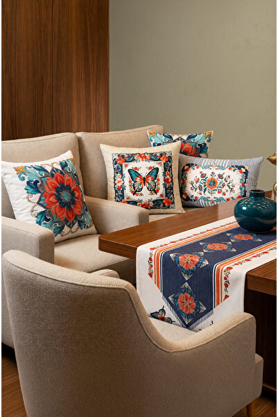 CANİLA Butterfly 4 Throw Pillows 1 Runner 5-Piece Set Throw Pillow Set. Table...
