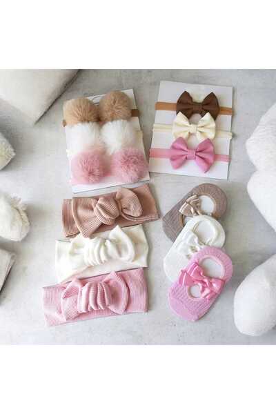 MİNİBİRİ Kız Bebek Ponpon Bandana Babet Çorap Fiyonk Bandana Set