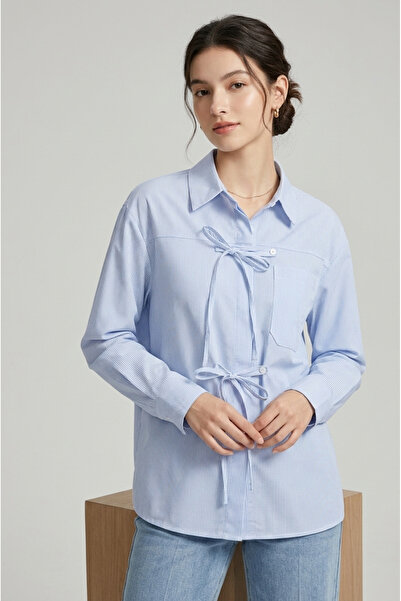 EsSo butik Women's Light Blue White Striped Oversized Shirt with Bow Detail