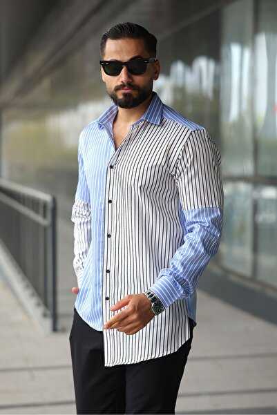 BAYIM Kontrast Çizgili Patchwork Tasarım Uzun Kollu Erkek Slim Fit Gömlek