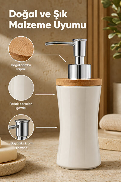 Vienev Bambu Kapaklı Porselen Sıvı Sabunluk 300 ml Bej