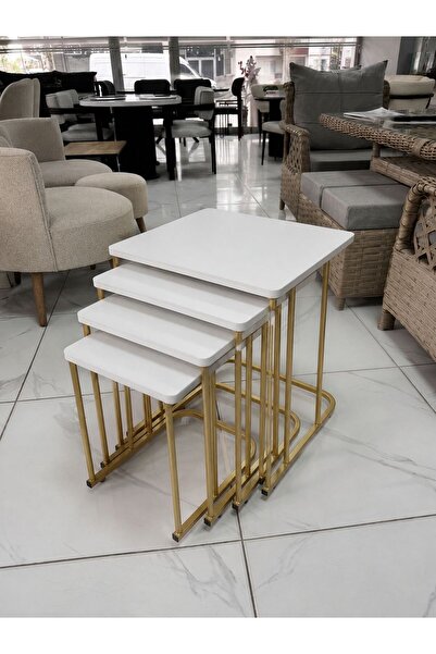 Zigon 4'LÜ TEKERLEKLİ (ESKİTME GOLD-BEYAZ MDF) SEHPA