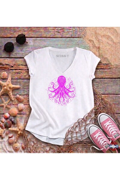 ScubaPromoTurkey Octopus Star Pink Printed White V-Neck Flared Cotton T-Shirt