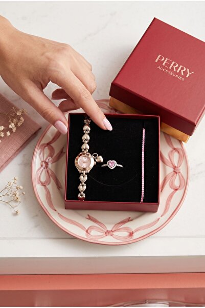 Perry Accesories çelik kasa pembe charmlı ve pembe kalp yüzüklü ve su yollu h...