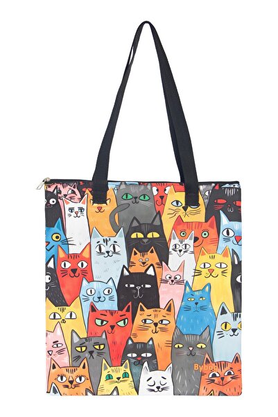 BYBAG Renkli Kedi Desenli Omuz Çantası Kadın Tote Bag Oxford Kumaş Fermuarlı İç Cepli Çift Taraflı Baskılı