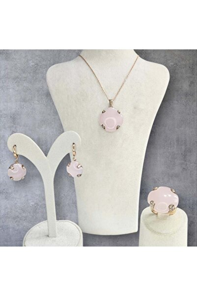 Sln Gümüş Pembe Kuvars Renk Büyük Taşlı Kolye Küpe Yüzük Gümüş Set