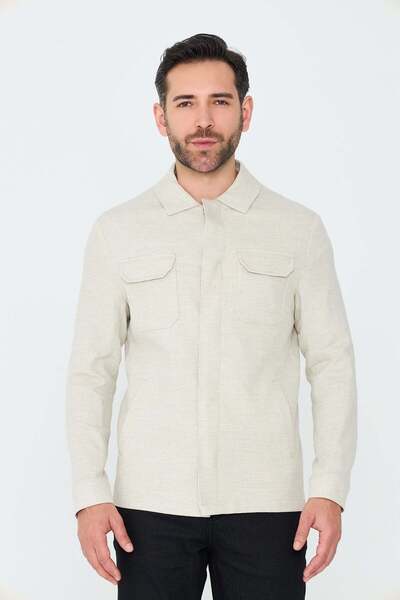 White Stone Beige Covered Pocket Buttoned Linen Seasonal Shirt Coat