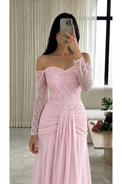 BROOKLYN STYLE Embroidered Off-Shoulder Maxi Evening Dress with Draped Detail