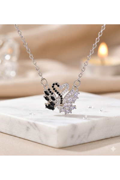 shop SWAN ÇİFT GÜMÜŞ SİYAH KUĞULU KOLYE ÇELİK