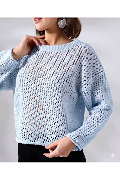 Koçer Triko Women's Baby Blue Openwork Knitwear Sweater Crew Neck Long Sleeve...