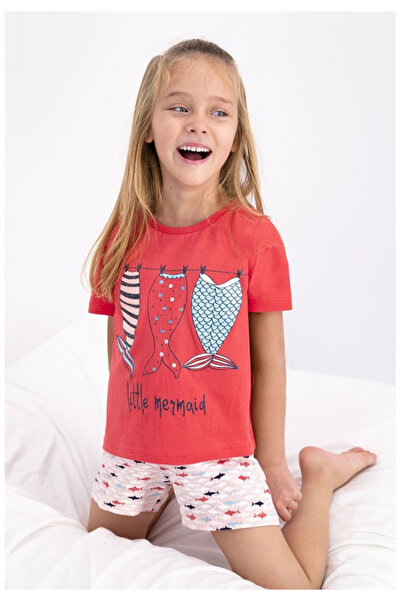 Serena Pijama fetițe cu tricou și șort, imprimeu pești, Rosu